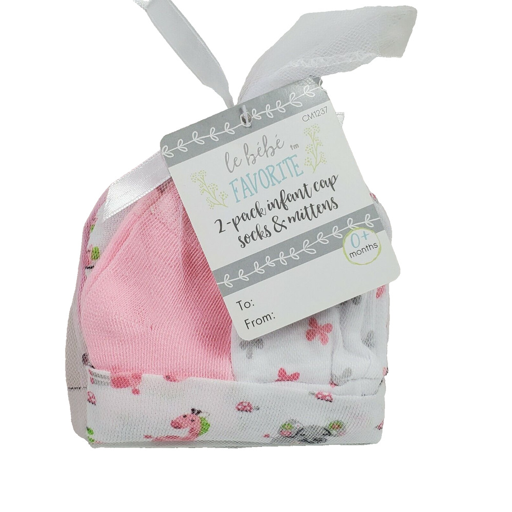 Le Bebe Favorite Baby Girl Infant Set Pink Zoo Animals Hats Socks Mittens New